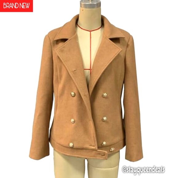 Cropped Wool Blend Pea Coat Double Breasted Blazer Slim Fitted Short Jacket - Picture 4 of 5